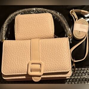 NWT 100% Vegan Leather Beige Women's Bling Hand Strap, Crossbody Strap & Wallet